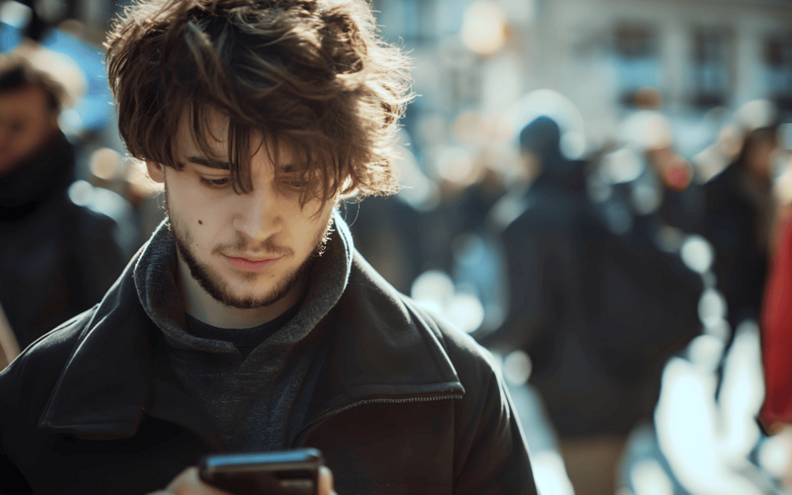 Desinformationen erkennen KI-Bild junger Mann schaut auf Smartphone